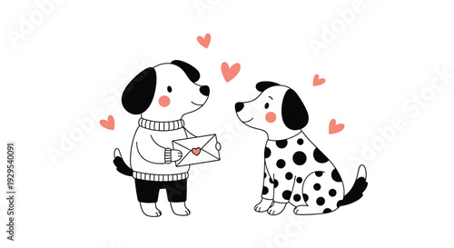 Adorable cartoon illustration of a cute dog in a sweater giving a love letter to a dalmatian, surrounded by pink hearts.