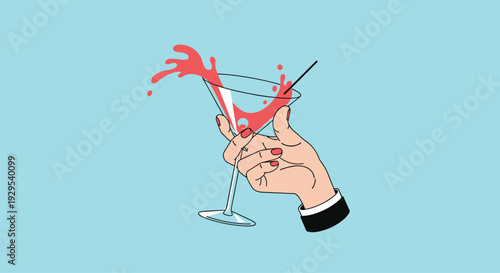 Retro pop art illustration of an elegant woman's hand holding a martini glass with a vibrant red cocktail splashing out.