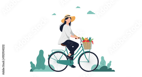 Cheerful young woman wearing a sun hat rides her stylish teal bicycle through a park with a basket full of fresh fruit.