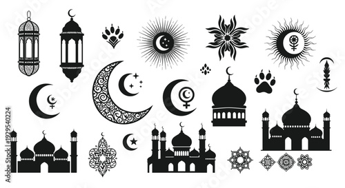 Collection of various black silhouette icons featuring Islamic, celestial, and mystical symbols like mosques, crescent moons, and lanterns.