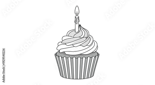 Simple black and white line art illustration of a delicious birthday cupcake with swirled frosting and one single lit candle on top.