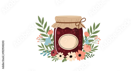 Homemade berry jam in a rustic glass jar with a fabric cover and a blank label, beautifully decorated with a floral arrangement.