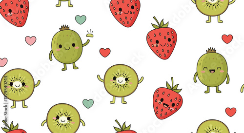 Seamless pattern background with adorable kawaii cartoon characters of smiling strawberries and happy kiwi fruits with little hearts.