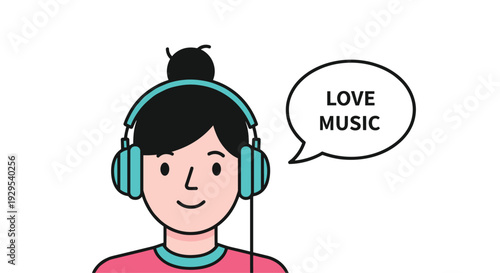 Young person with hair in a bun happily listening to audio on bright blue headphones with a "Love Music" speech bubble nearby.
