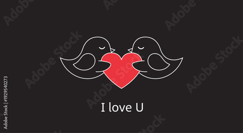 Two cute lovebirds outlined in white on a black background, holding a bright red heart with the romantic message "I love U".