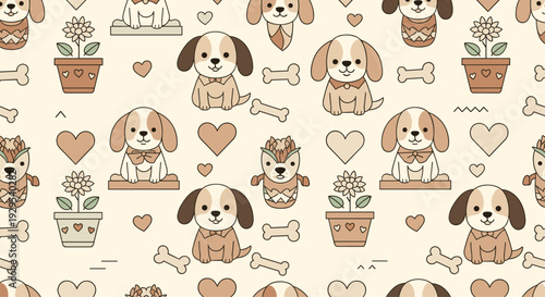 Adorable seamless pattern featuring cute cartoon puppies, dog bones, hearts, and potted flowers on a light background for fabric.