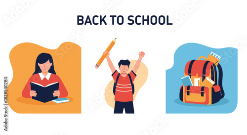Back to school concept featuring a collection of educational icons, including a student reading, a boy with a pencil, and a backpack.
