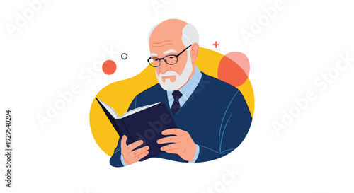Elderly professor or intellectual with a white beard and glasses deeply absorbed in reading a book against an abstract background.