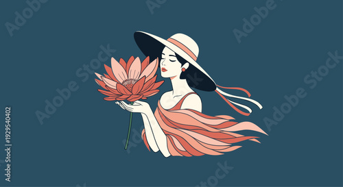 Elegant and artistic portrait of a beautiful woman in a wide-brimmed hat, gently holding a large, delicate lotus flower.