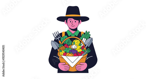 Friendly farmer character in a hat holding a large basket overflowing with fresh, colorful produce and gardening tools for harvest.