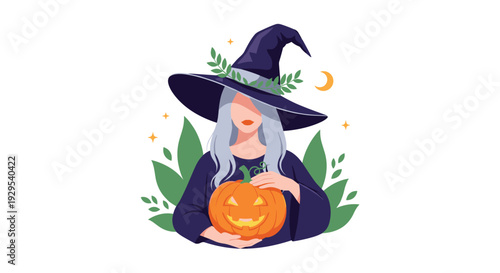 Beautiful young witch with long silver hair and a pointy hat, holding a carved jack-o'-lantern for a magical Halloween celebration.