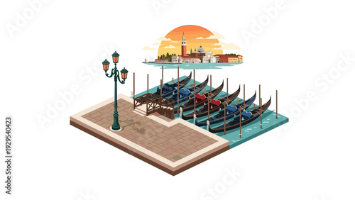 isometric view of venice gondolas docked near street lamp with sunset cityscape background hand drawn vector illustration
