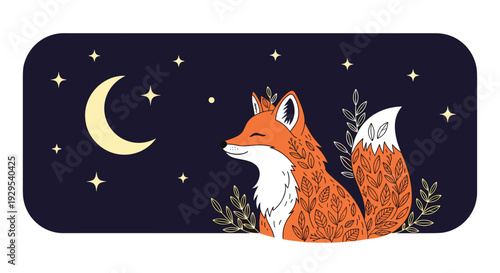 Charming illustration of a cute, stylized fox with leafy patterns on its fur, sitting peacefully under a starry night sky.