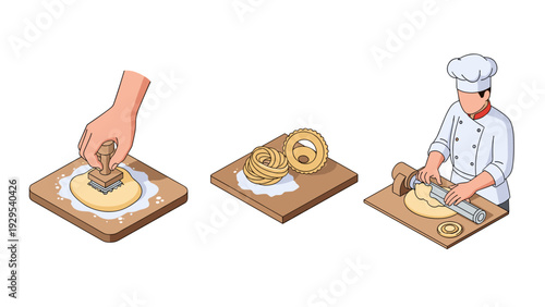 isometric chef preparing cookies with rolling pin and cutter hand drawn illustration