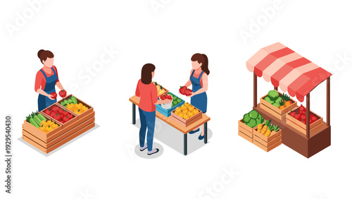 isometric fresh fruit and vegetable market stall with vendors and customers hand drawn illustration