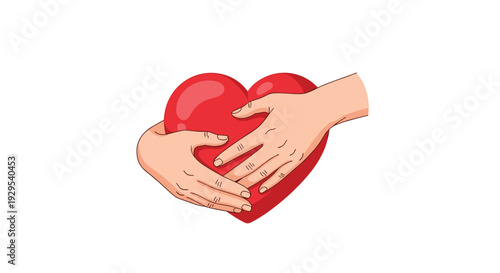 Two hands gently embracing a large, shiny red heart in a tender hug, representing deep love, care, and emotional connection.