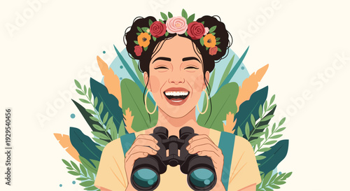 Joyful and beautiful young woman with a floral hairstyle laughing while looking through binoculars, surrounded by lush tropical leaves.