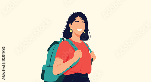 Happy and confident young female student with a bright smile, wearing a backpack and ready for a new day of learning.
