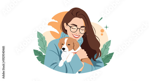 Happy young woman with glasses affectionately hugging her adorable puppy, surrounded by leaves and sparkles symbolizing their special bond.