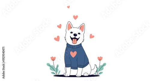 Extremely happy and adorable white dog wearing a blue sweater with a heart, sitting among flowers with love hearts floating around.