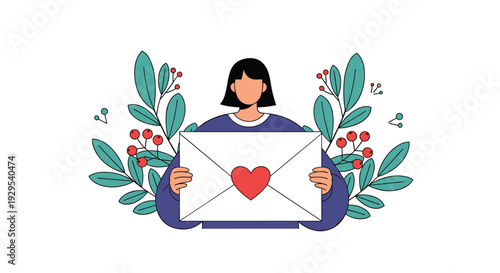 Young woman holding a large envelope sealed with a red heart, framed by beautiful green leaves and berries for a love message.