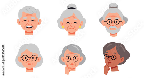 Set of six diverse elderly people's faces showing a range of emotions, from happiness and laughter to thoughtfulness and surprise.