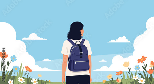 Young woman with a backpack seen from behind, standing in a field of wildflowers and looking out at a peaceful, scenic landscape.