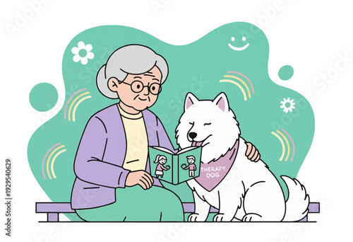 Elderly woman and therapy dog reading together on a park bench