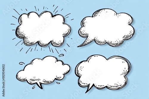Four hand-drawn cloud-shaped speech bubbles on a pale blue background
