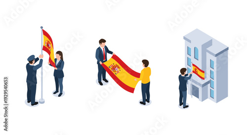 isometric people hanging and holding spain flag set in hand drawn style for patriotism and national celebration