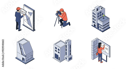 isometric set of construction workers and modern building illustrations in flat style