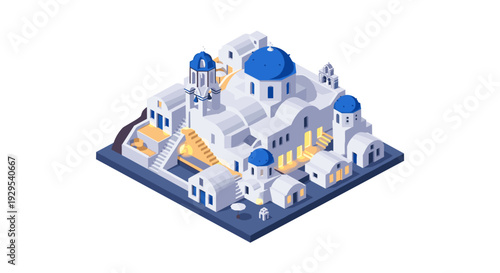 isometric view of white houses with blue domes hand drawn illustration of greek architecture
