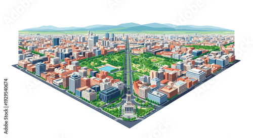 isometric cityscape with urban park avenue and modern buildings hand drawn illustration