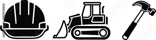 Construction tools and equipment a hard hat bulldozer and hammer illustration