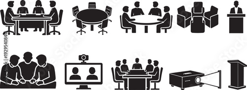 Black silhouette icons depicting various business meeting and presentation scenarios