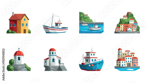 hand drawn set of mediterranean village houses fishing boats and churches in flat style