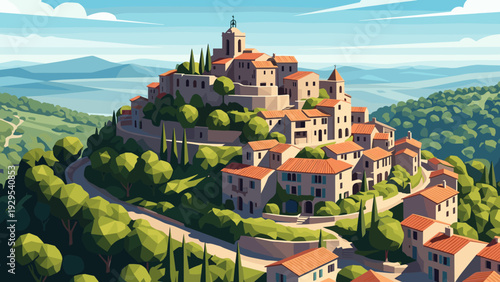 scenic hillside village with terracotta roofs in hand drawn flat landscape illustration