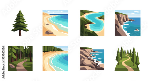 set of hand drawn nature landscapes with trees forests beaches cliffs and coastal paths in flat style