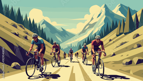 cyclists riding on mountain road in a flat style summer outdoor sports illustration