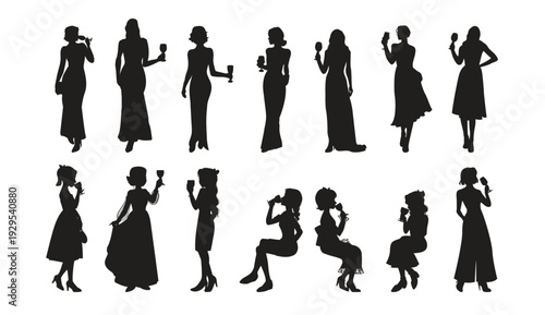 Elegant women enjoying wine in sophisticated evening attire