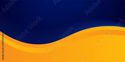 Abstract blue and yellow wave wide background banner curve element with line blue pettern space for text and message design, overlapping layers.