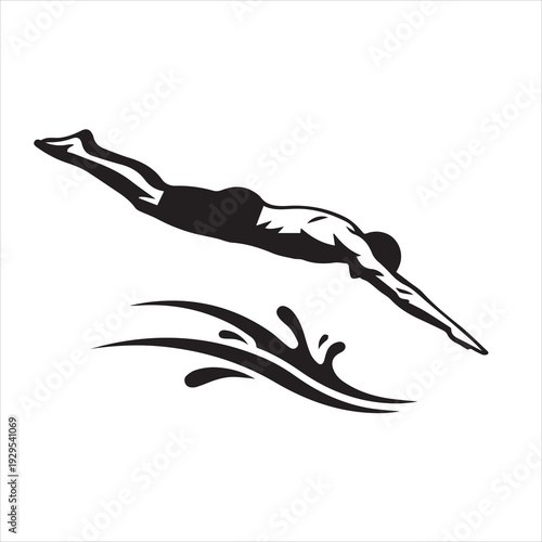 The silhouette of a swimmer performing the action of jumping into a swimming pool.