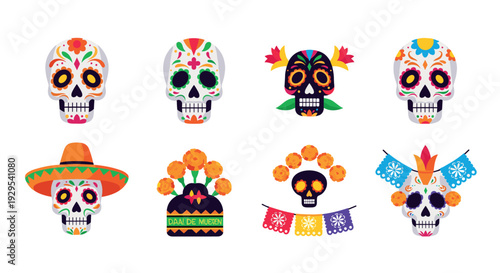 set of colorful hand drawn day of the dead sugar skulls and decorations mexican holiday icons