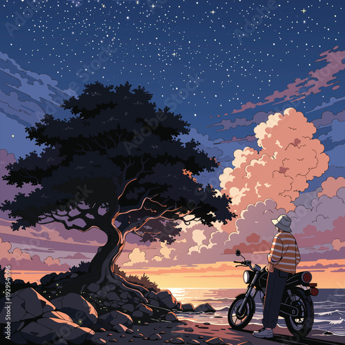 Man with Motorcycle on Beach at Sunset, Starry Night Sky, Peaceful Travel