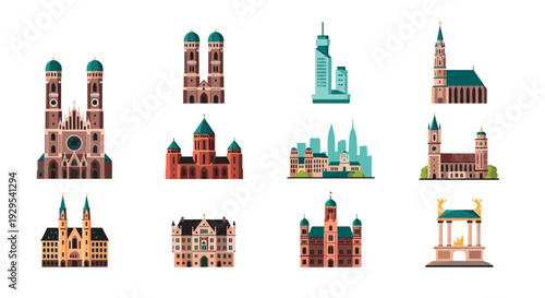 set of hand drawn European city landmarks collection with historical buildings and modern skyline illustrations