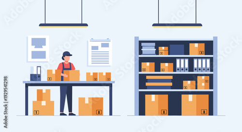 person packing cardboard boxes in warehouse storage room flat vector illustration