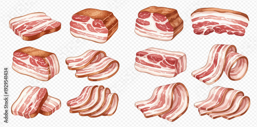Watercolor illustration set of fresh raw bacon slices and pork belly pieces, perfect for food-related designs and recipes.