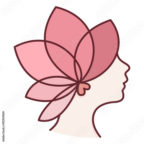 Pink woman profile silhouette with lotus flower line art graphic