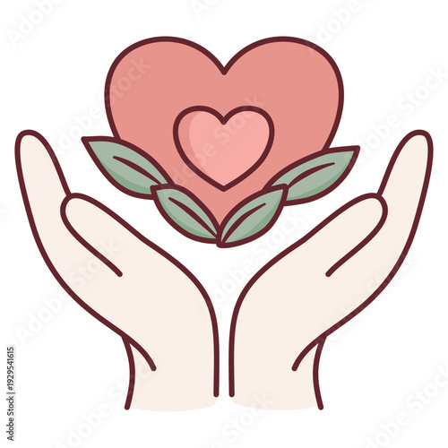 Cupped hands holding heart with green leaves pink icon graphic