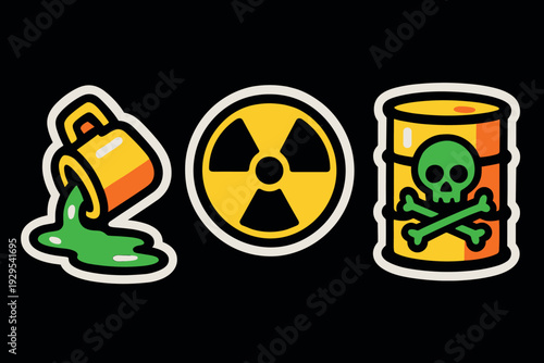 toxic waste symbols set with hand drawn style hazardous chemical spill radioactive sign and poison barrel
